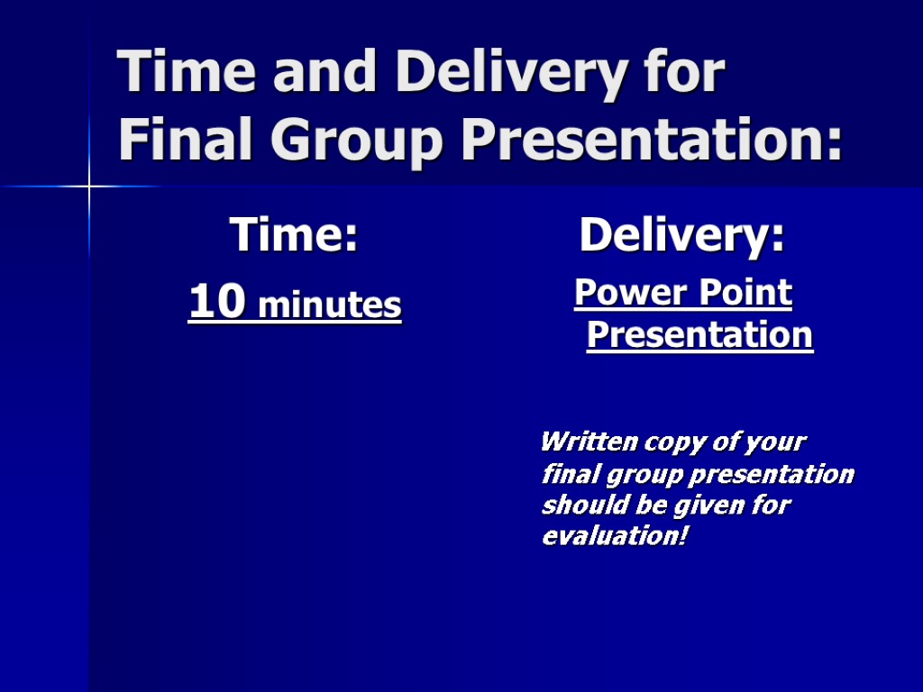 Time and Delivery for Final Group Presentation: Time: 10 minutes Delivery: Power Point Presentation